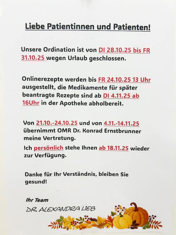 Urlaubs- und Vertretungsankündigung für Oktober und November 2025