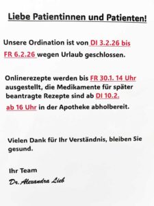 Aushang mit der Urlaubsankündigung fü 3.2 bis 6.2.2026