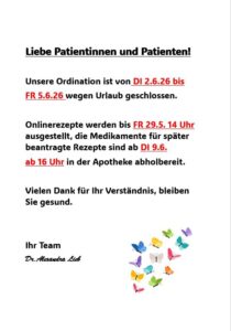 Aushang als Inforamtion für die PatientInnen zum Urlaub von 2.6 bis 5.6.